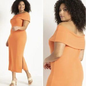 Eloquii Bodycon Light Orange Neon Off the shoulder Midi Dress Side Slit 22